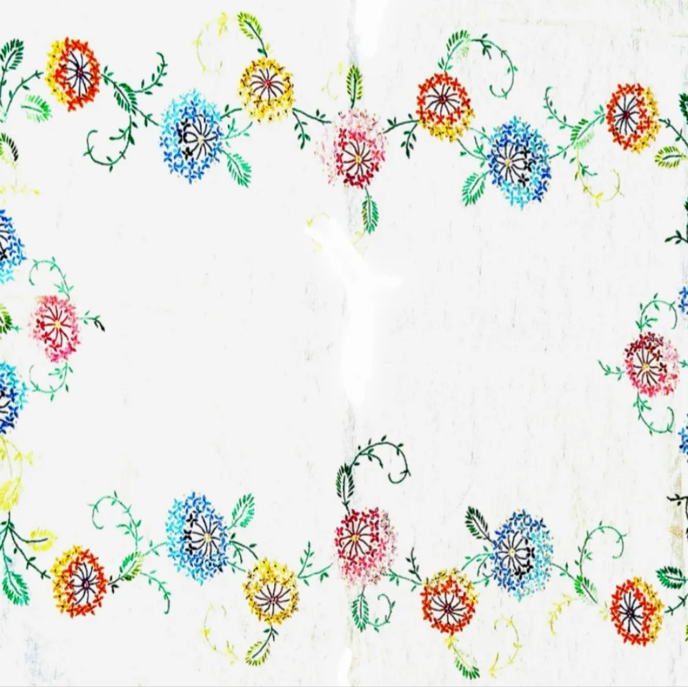 Vintage Embroidered Linen Tablecloth Spring & Summer Flowers Handmade 60 X 48